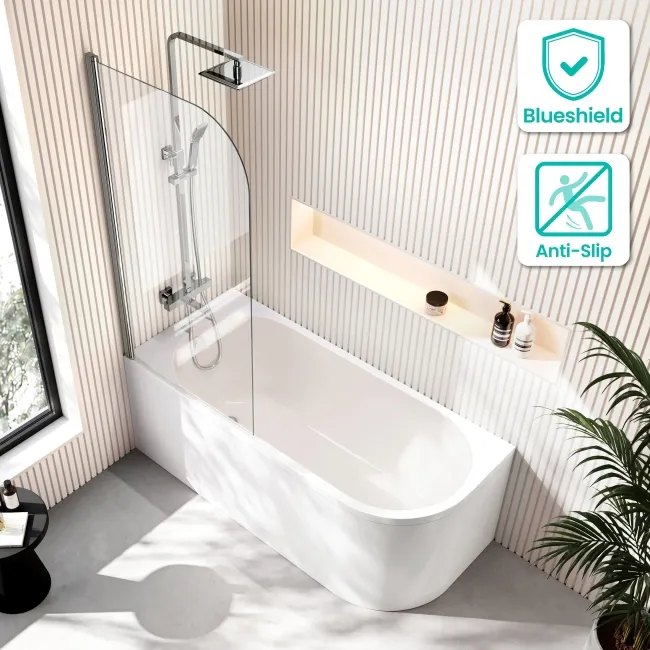Turku 1600 Space Saving Shower Bath & 6mm Easy Clean Chrome Bath Screen - Left Handed