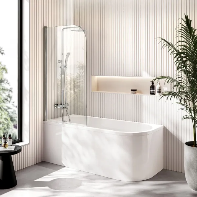 Turku 1600 Space Saving Shower Bath & 6mm Easy Clean Chrome Bath Screen - Left Handed