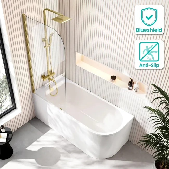 Turku 1600 Space Saving Shower Bath & 6mm Easy Clean Brushed Brass Bath Screen - Left Handed