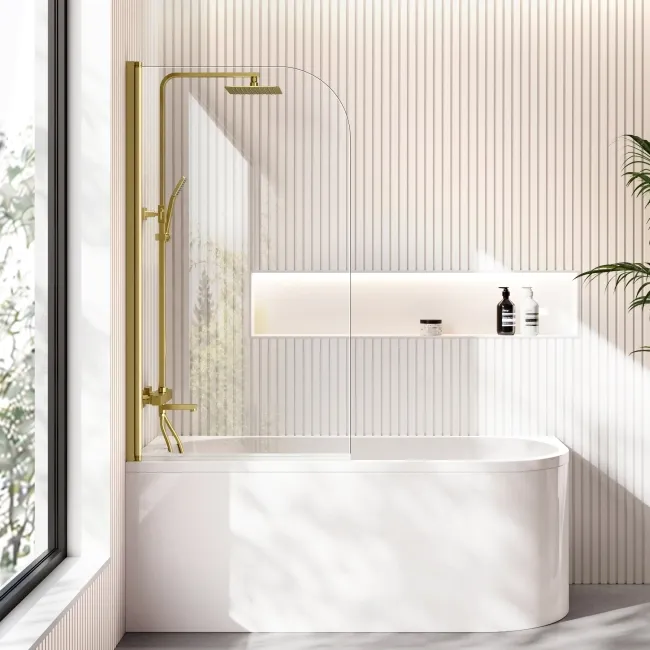 Turku 1600 Space Saving Shower Bath & 6mm Easy Clean Brushed Brass Bath Screen - Left Handed