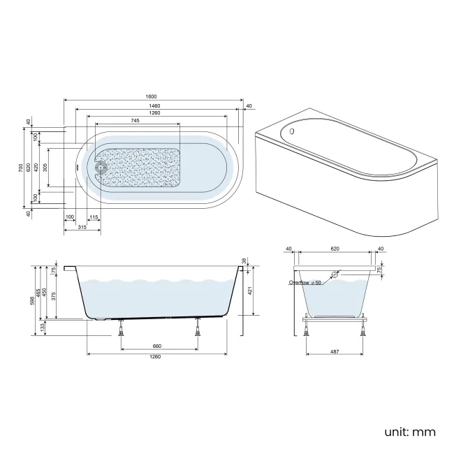 Turku 1600 Space Saving Shower Bath & 6mm Easy Clean Brushed Brass Bath Screen - Left Handed