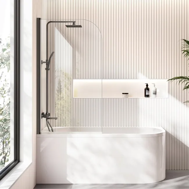 Turku 1600 Space Saving Shower Bath & 6mm Easy Clean Brushed Gunmetal Bath Screen - Left Handed