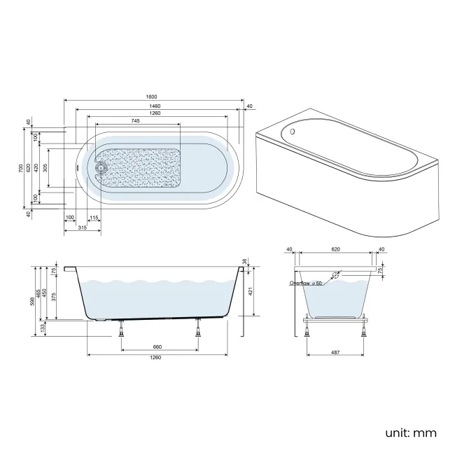 Turku 1600 Space Saving Shower Bath & 6mm Easy Clean Brushed Gunmetal Bath Screen - Left Handed