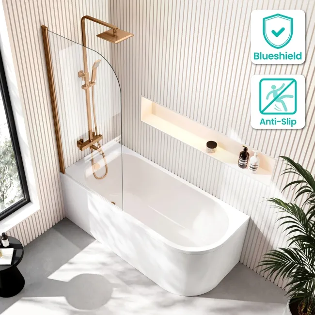 Turku 1600 Space Saving Shower Bath & 6mm Easy Clean Brushed Copper Bath Screen - Left Handed