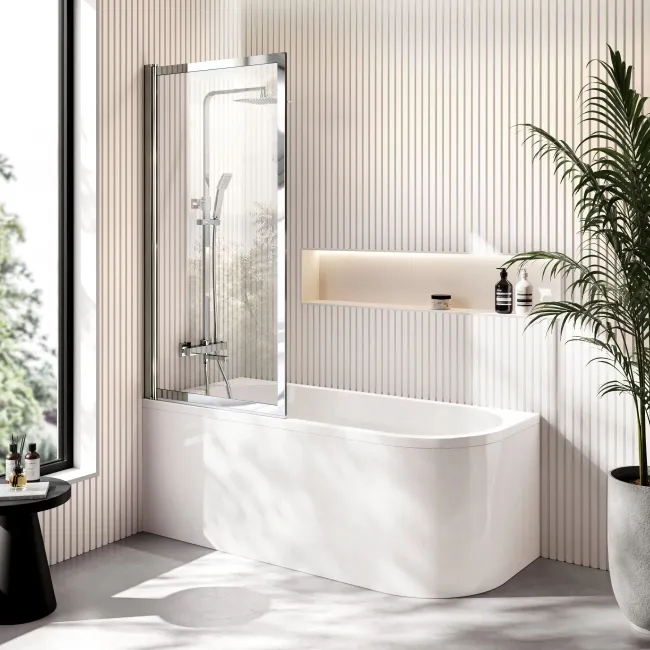 Turku 1600 Space Saving Shower Bath & Premium 8mm Easy Clean Chrome Framed Bath Screen - Left