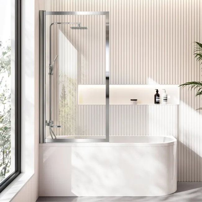 Turku 1600 Space Saving Shower Bath & Premium 8mm Easy Clean Chrome Framed Bath Screen - Left