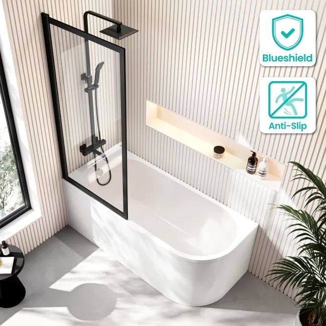 Turku 1600 Space Saving Shower Bath & Premium 8mm Easy Clean Matt Black Framed Bath Screen - Left