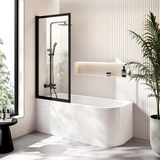 Turku 1600 Space Saving Shower Bath & Premium 8mm Easy Clean Matt Black Framed Bath Screen - Left