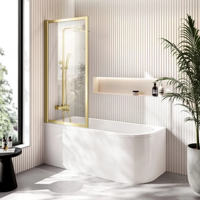 Turku 1600 Space Saving Shower Bath & Premium 8mm Brushed Brass Framed Bath Screen - Left