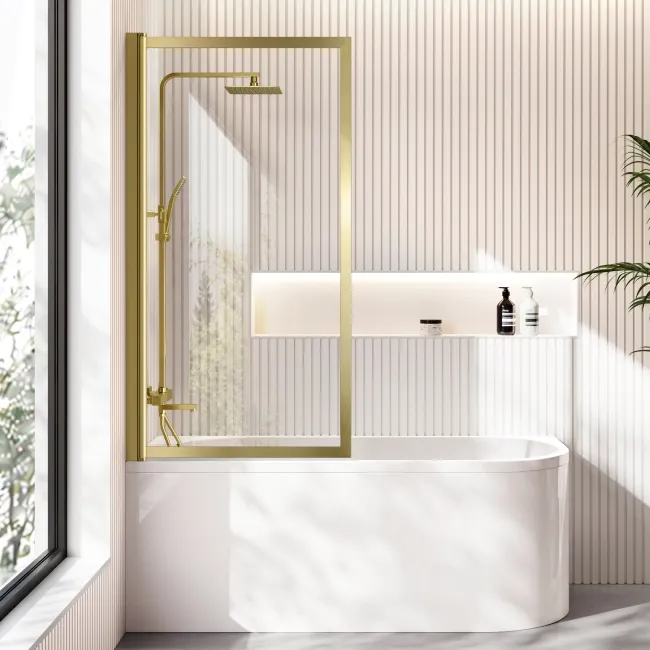 Turku 1600 Space Saving Shower Bath & Premium 8mm Brushed Brass Framed Bath Screen - Left