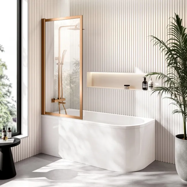 Turku 1600 Space Saving Shower Bath & Premium 8mm Brushed Copper Framed Bath Screen - Left