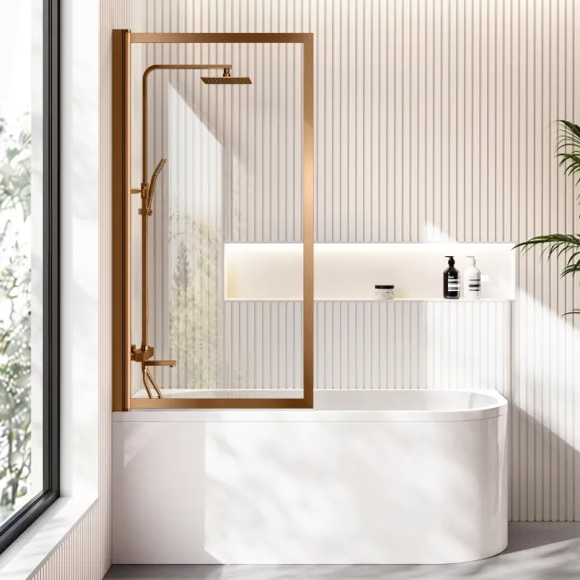 Turku 1600 Space Saving Shower Bath & Premium 8mm Brushed Copper Framed Bath Screen - Left