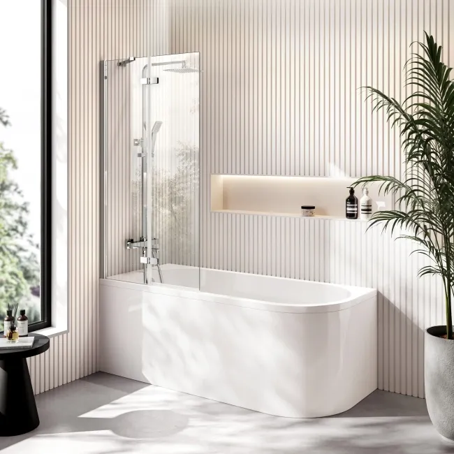 Turku 1600 Space Saving Shower Bath & 6mm Easy Clean Chrome Folding Bath Screen - Left Handed