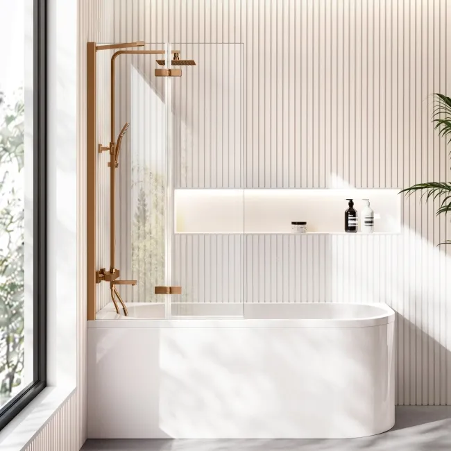 Turku 1600 Space Saving Shower Bath & 6mm Easy Clean Brushed Copper Folding Bath Screen - Left