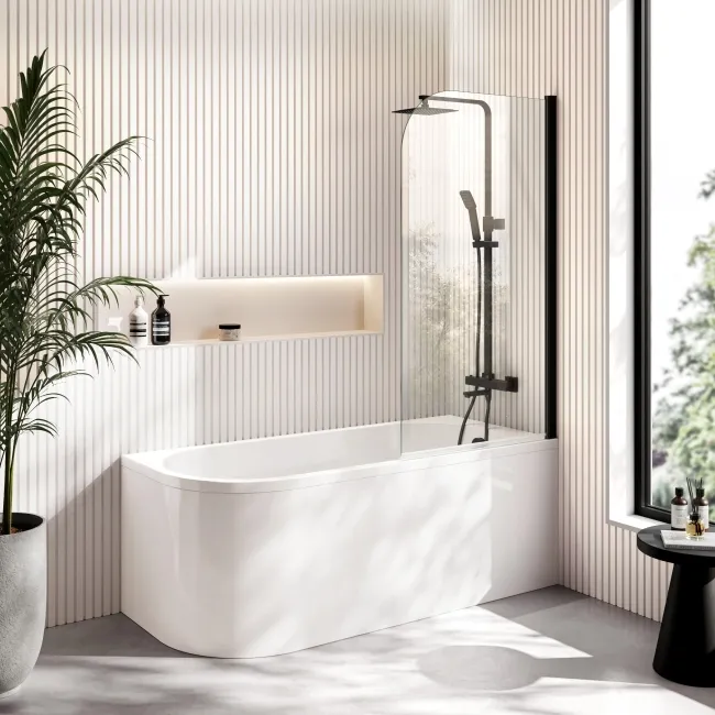 Turku 1600 Space Saving Shower Bath & 6mm Easy Clean Matt Black Bath Screen - Right Handed