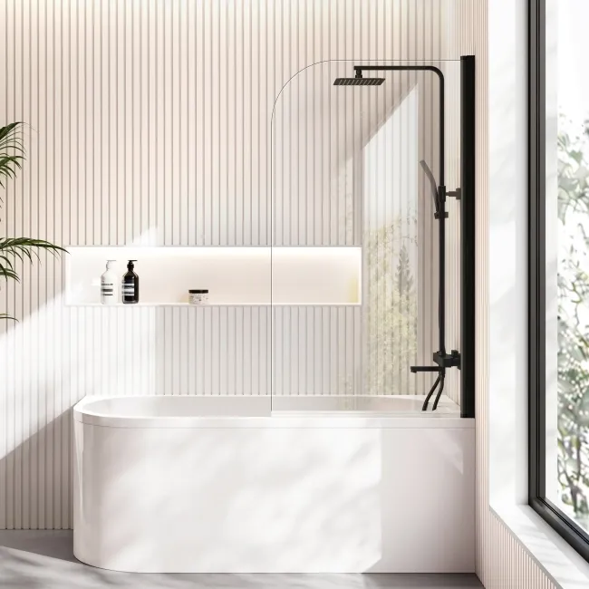Turku 1600 Space Saving Shower Bath & 6mm Easy Clean Matt Black Bath Screen - Right Handed