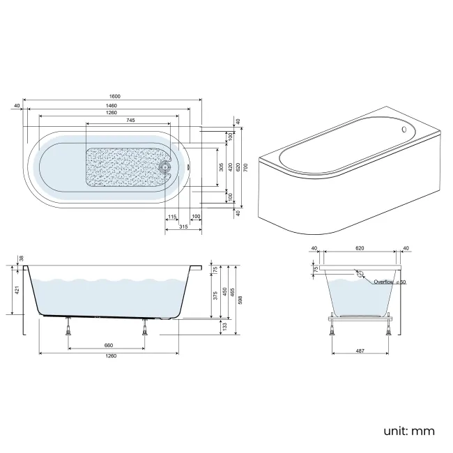Turku 1600 Space Saving Shower Bath & 6mm Easy Clean Brushed Gunmetal Bath Screen - Right Handed