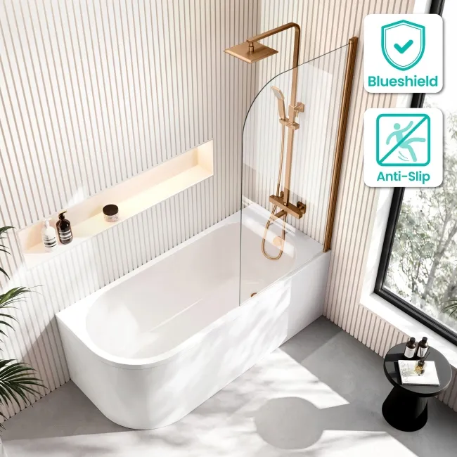 Turku 1600 Space Saving Shower Bath & 6mm Easy Clean Brushed Copper Bath Screen - Right Handed