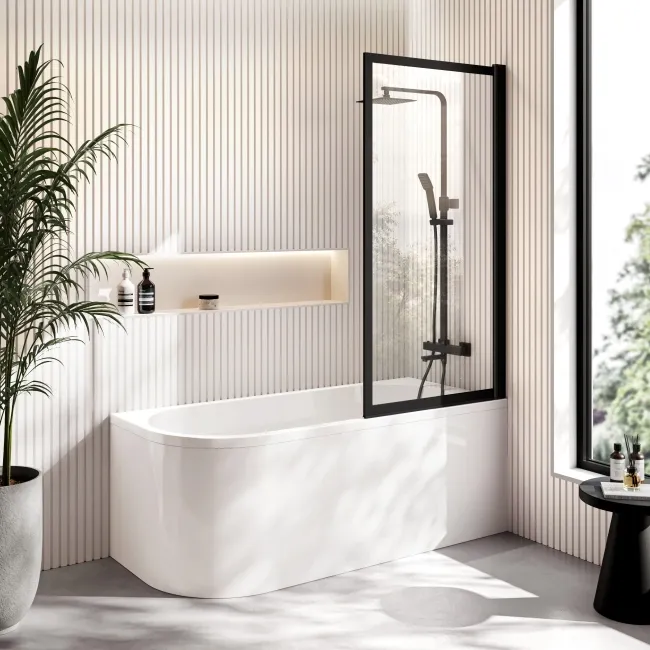 Turku 1600 Space Saving Shower Bath & Premium 8mm Easy Clean Matt Black Framed Bath Screen - Right