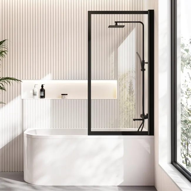 Turku 1600 Space Saving Shower Bath & Premium 8mm Easy Clean Matt Black Framed Bath Screen - Right