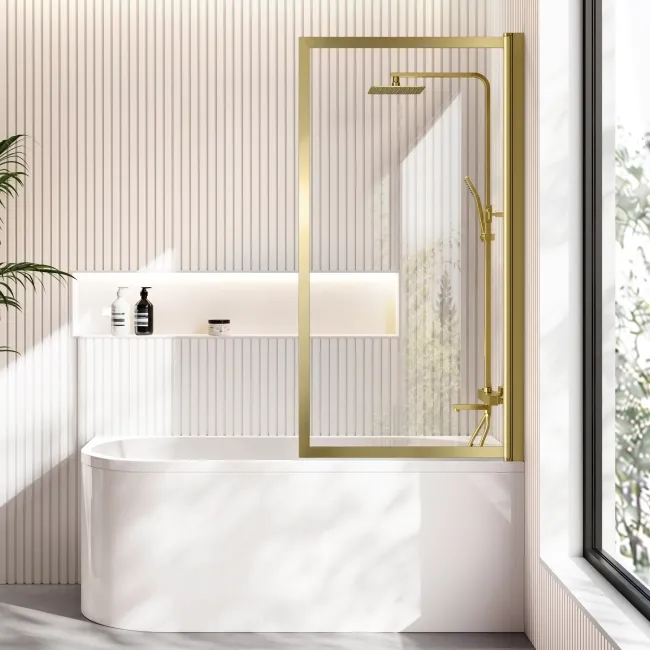 Turku 1600 Space Saving Shower Bath & Premium 8mm Brushed Brass Framed Bath Screen - Right