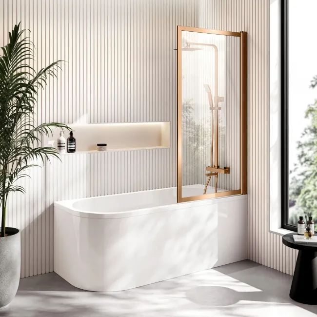 Turku 1600 Space Saving Shower Bath & Premium 8mm Brushed Copper Framed Bath Screen - Right