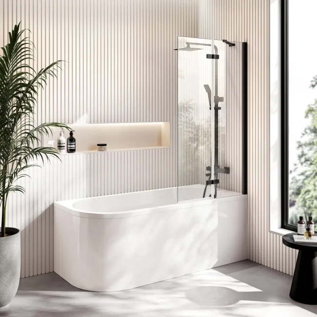 Turku 1600 Space Saving Shower Bath & 6mm Easy Clean Matt Black Folding Bath Screen - Right Handed