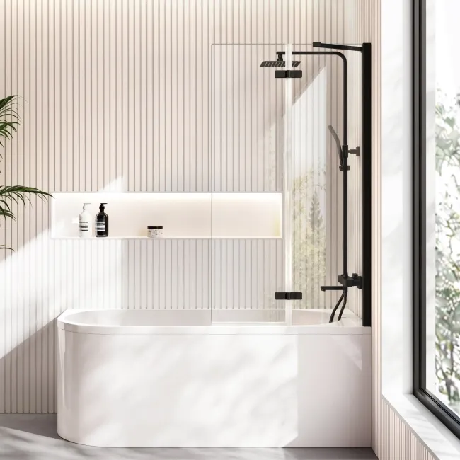 Turku 1600 Space Saving Shower Bath & 6mm Easy Clean Matt Black Folding Bath Screen - Right Handed