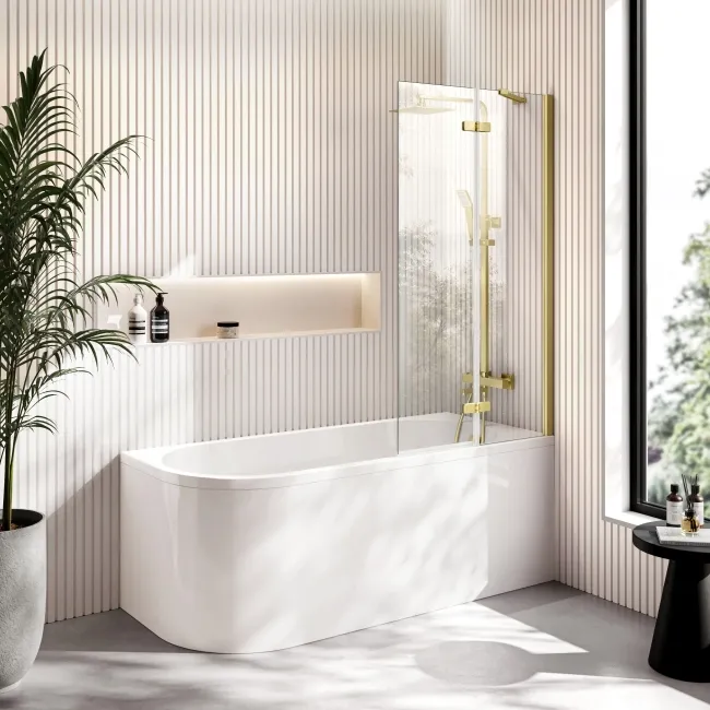 Turku 1600 Space Saving Shower Bath & 6mm Easy Clean Brushed Brass Folding Bath Screen - Right