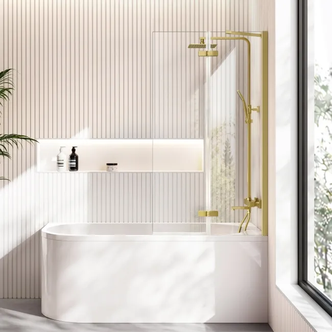 Turku 1600 Space Saving Shower Bath & 6mm Easy Clean Brushed Brass Folding Bath Screen - Right