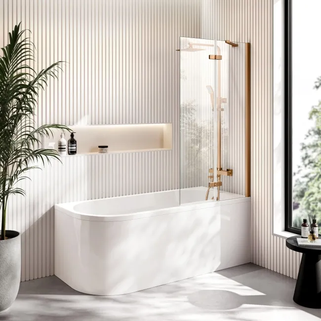 Turku 1600 Space Saving Shower Bath & 6mm Easy Clean Brushed Copper Folding Bath Screen - Right