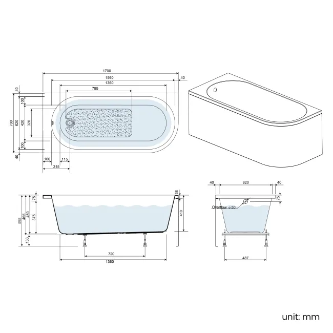 Turku 1700 Space Saving Shower Bath & 6mm Easy Clean Chrome Bath Screen - Left Handed