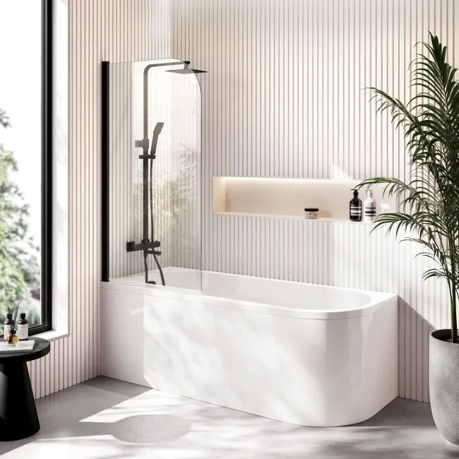 Turku 1700 Space Saving Shower Bath & 6mm Easy Clean Matt Black Bath Screen - Left Handed
