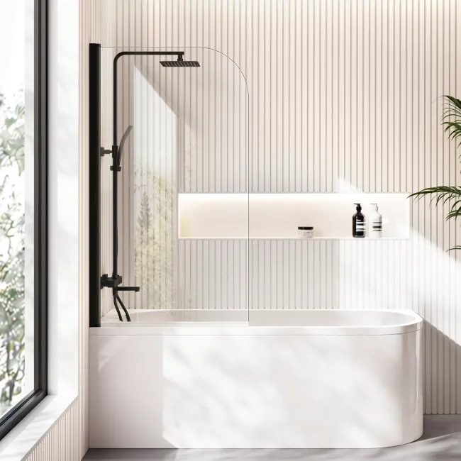 Turku 1700 Space Saving Shower Bath & 6mm Easy Clean Matt Black Bath Screen - Left Handed