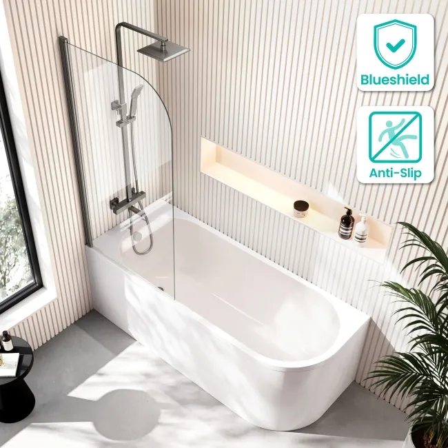 Turku 1700 Space Saving Shower Bath & 6mm Easy Clean Brushed Gunmetal Bath Screen - Left Handed