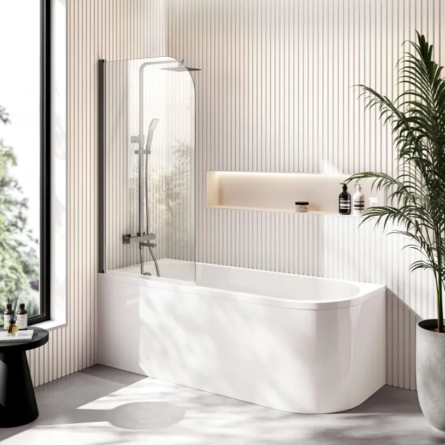 Turku 1700 Space Saving Shower Bath & 6mm Easy Clean Brushed Gunmetal Bath Screen - Left Handed