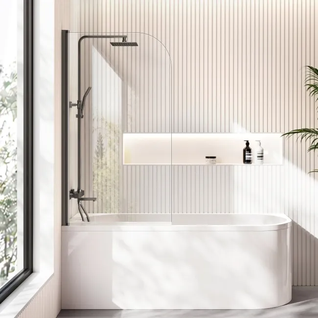 Turku 1700 Space Saving Shower Bath & 6mm Easy Clean Brushed Gunmetal Bath Screen - Left Handed
