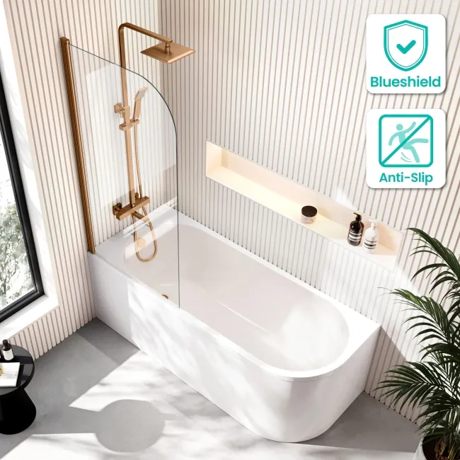 Turku 1700 Space Saving Shower Bath & 6mm Easy Clean Brushed Copper Bath Screen - Left Handed