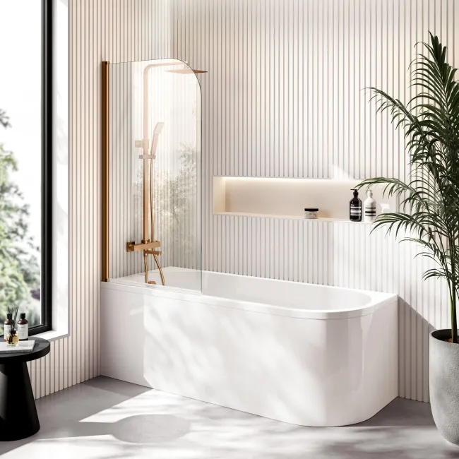Turku 1700 Space Saving Shower Bath & 6mm Easy Clean Brushed Copper Bath Screen - Left Handed