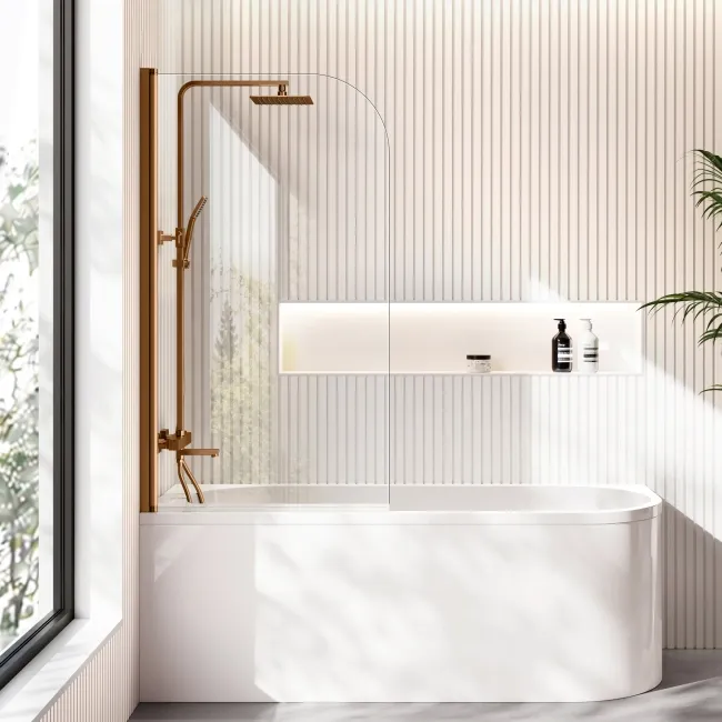 Turku 1700 Space Saving Shower Bath & 6mm Easy Clean Brushed Copper Bath Screen - Left Handed