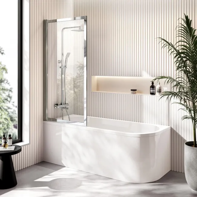 Turku 1700 Space Saving Shower Bath & Premium 8mm Easy Clean Chrome Framed Bath Screen - Left