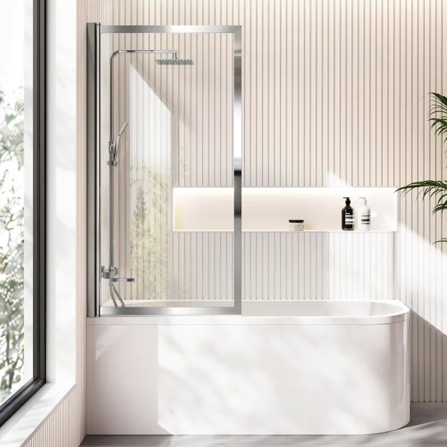 Turku 1700 Space Saving Shower Bath & Premium 8mm Easy Clean Chrome Framed Bath Screen - Left