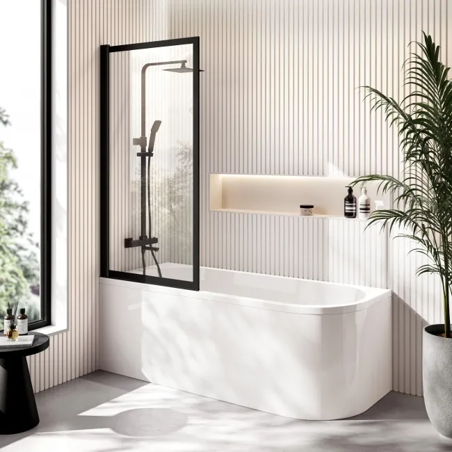 Turku 1700 Space Saving Shower Bath & Premium 8mm Easy Clean Matt Black Framed Bath Screen - Left