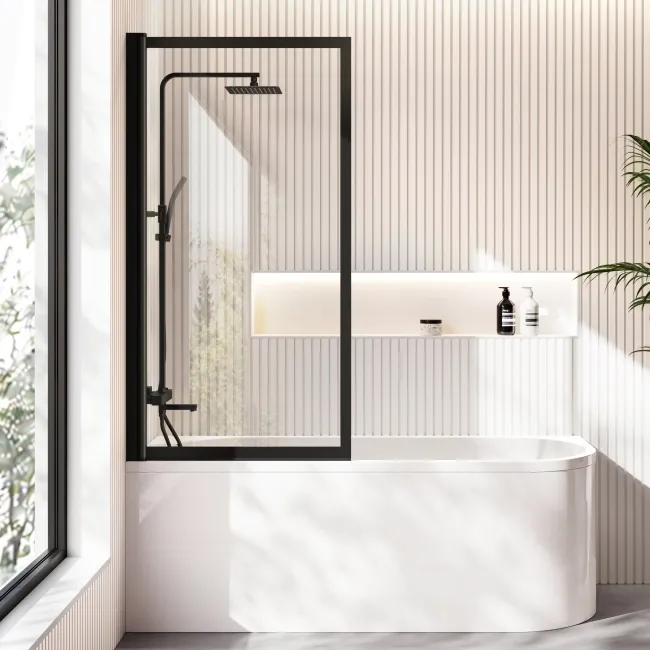 Turku 1700 Space Saving Shower Bath & Premium 8mm Easy Clean Matt Black Framed Bath Screen - Left