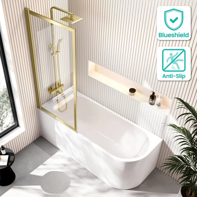 Turku 1700 Space Saving Shower Bath & Premium 8mm Brushed Brass Framed Bath Screen - Left