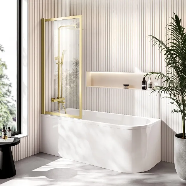 Turku 1700 Space Saving Shower Bath & Premium 8mm Brushed Brass Framed Bath Screen - Left