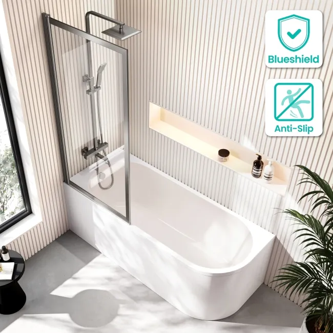 Turku 1700 Space Saving Shower Bath & Premium 8mm Brushed Gunmetal Framed Bath Screen - Left