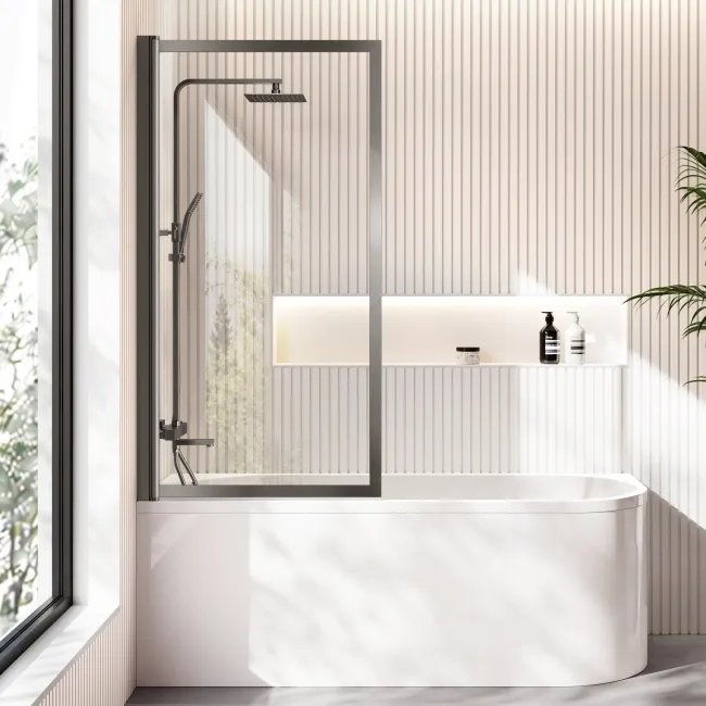 Turku 1700 Space Saving Shower Bath & Premium 8mm Brushed Gunmetal Framed Bath Screen - Left