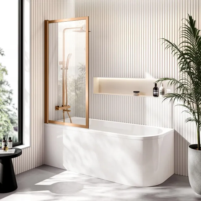 Turku 1700 Space Saving Shower Bath & Premium 8mm Brushed Copper Framed Bath Screen - Left