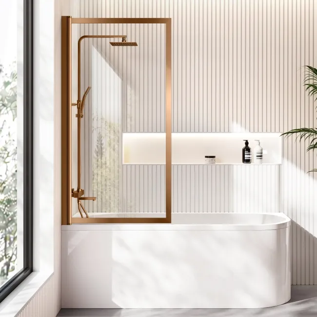 Turku 1700 Space Saving Shower Bath & Premium 8mm Brushed Copper Framed Bath Screen - Left
